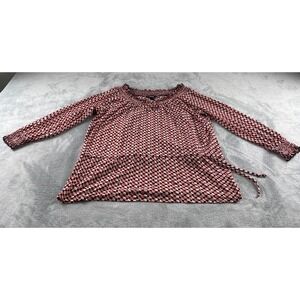 Style & Co Woman 2X Pink Orange Geometric Dot Smocked Neck Side Tie Blouse Top